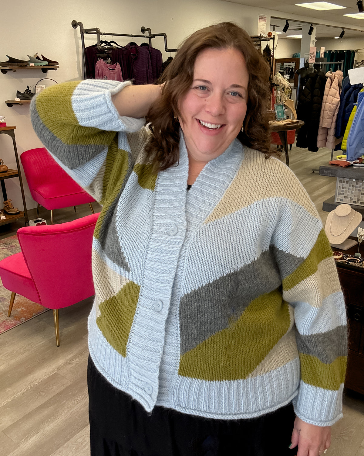 Geometric Cardigan | Pale Blue/Forrest Green