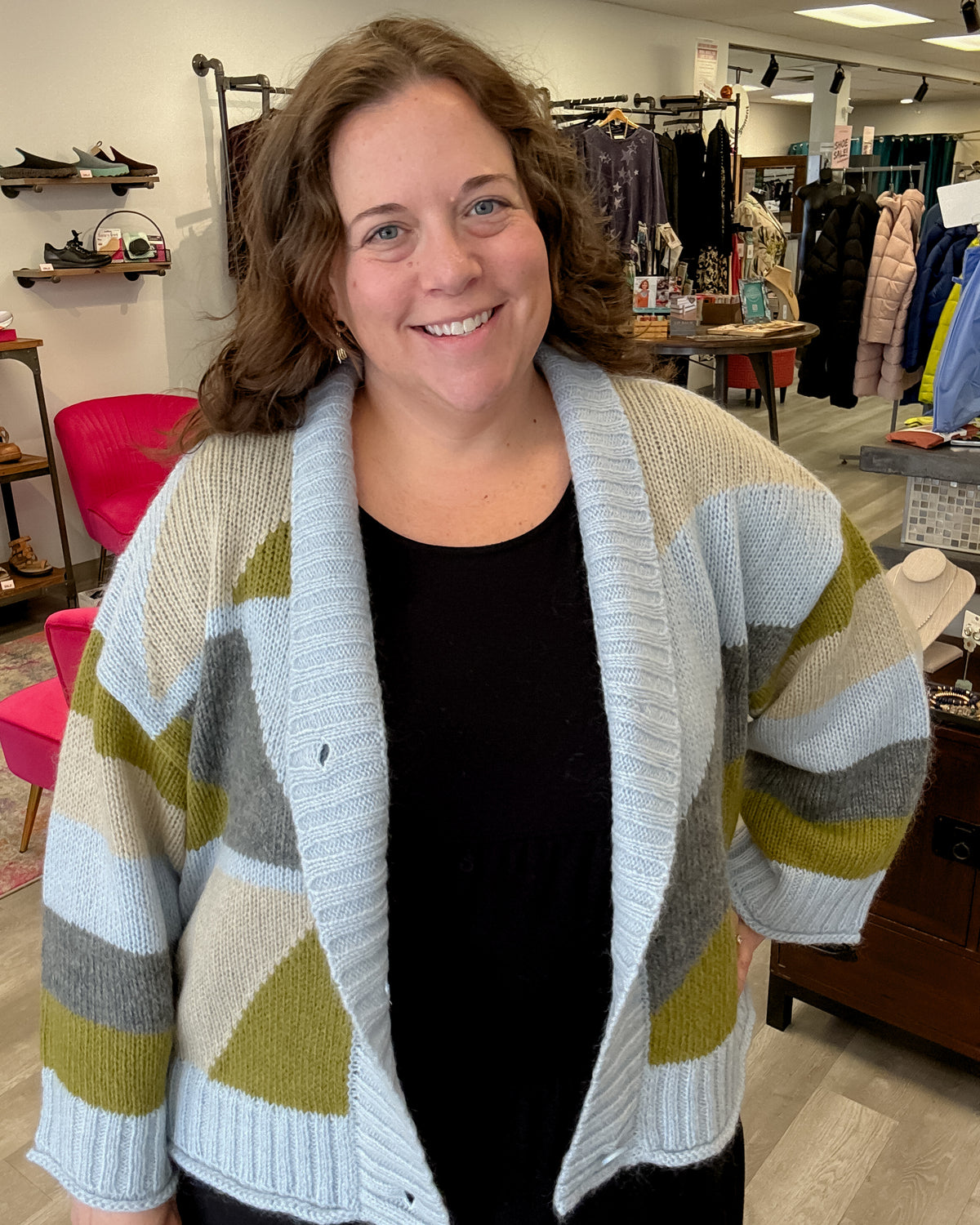 Geometric Cardigan | Pale Blue/Forrest Green