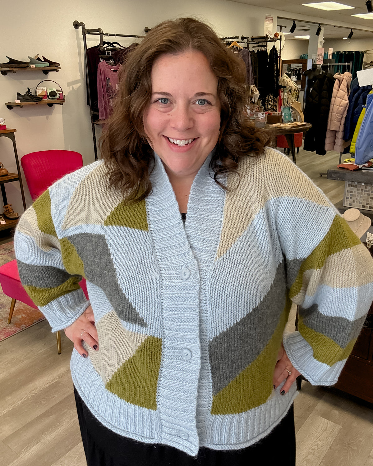 Geometric Cardigan | Pale Blue/Forrest Green