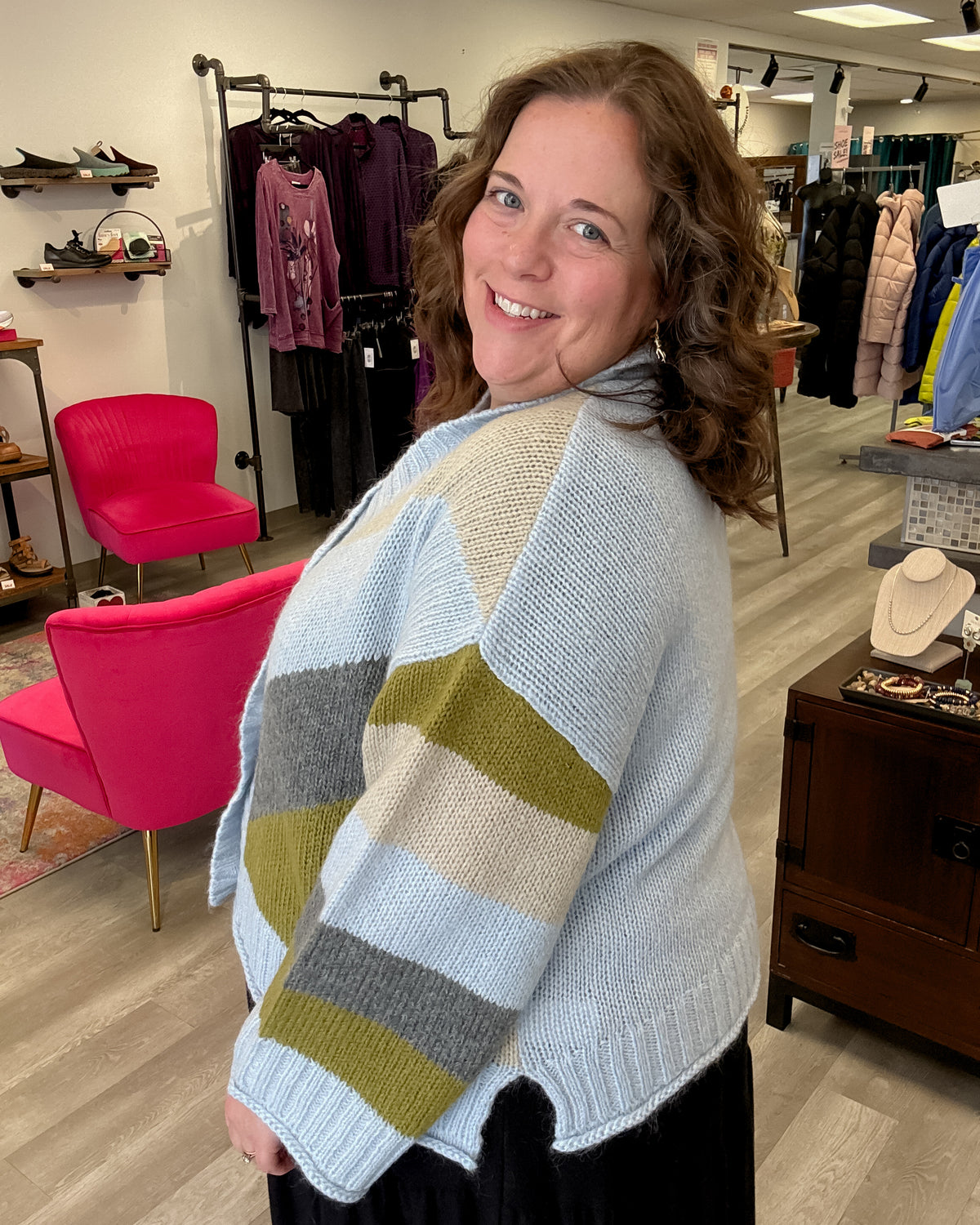 Geometric Cardigan | Pale Blue/Forrest Green