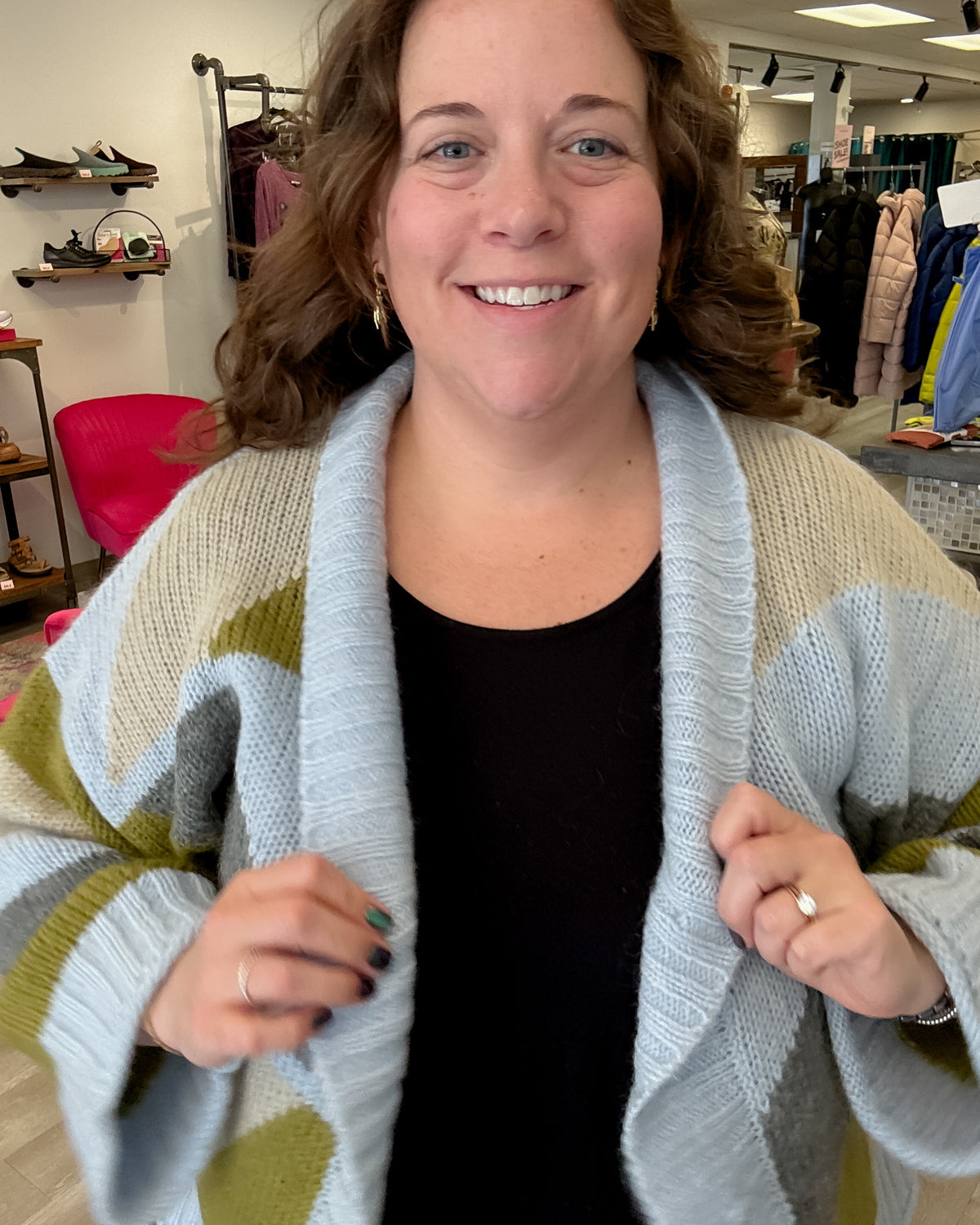 Geometric Cardigan | Pale Blue/Forrest Green