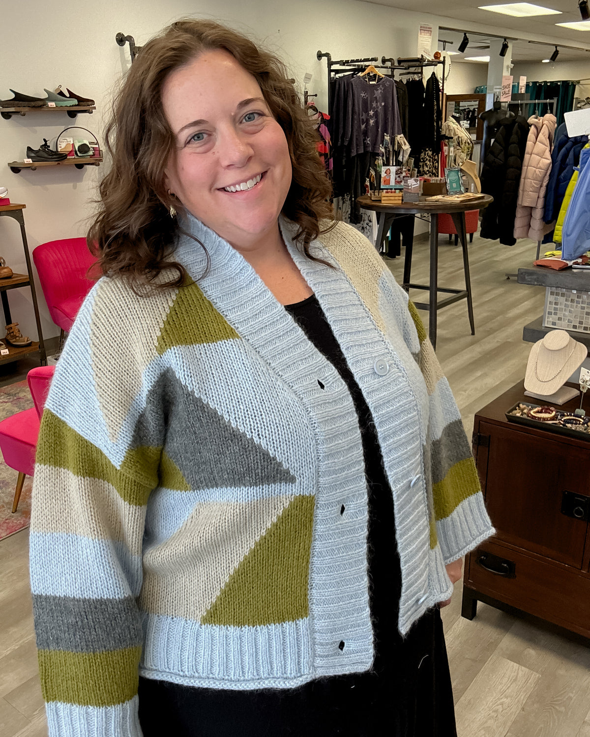 Geometric Cardigan | Pale Blue/Forrest Green