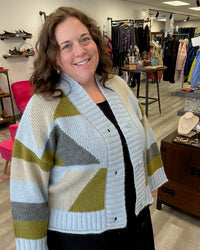 Geometric Cardigan | Pale Blue/Forrest Green