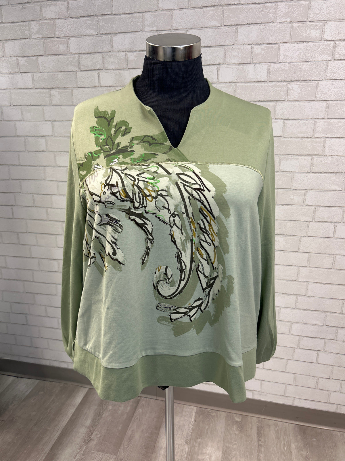 Green Split Neck Printed Top - Ulla Popken