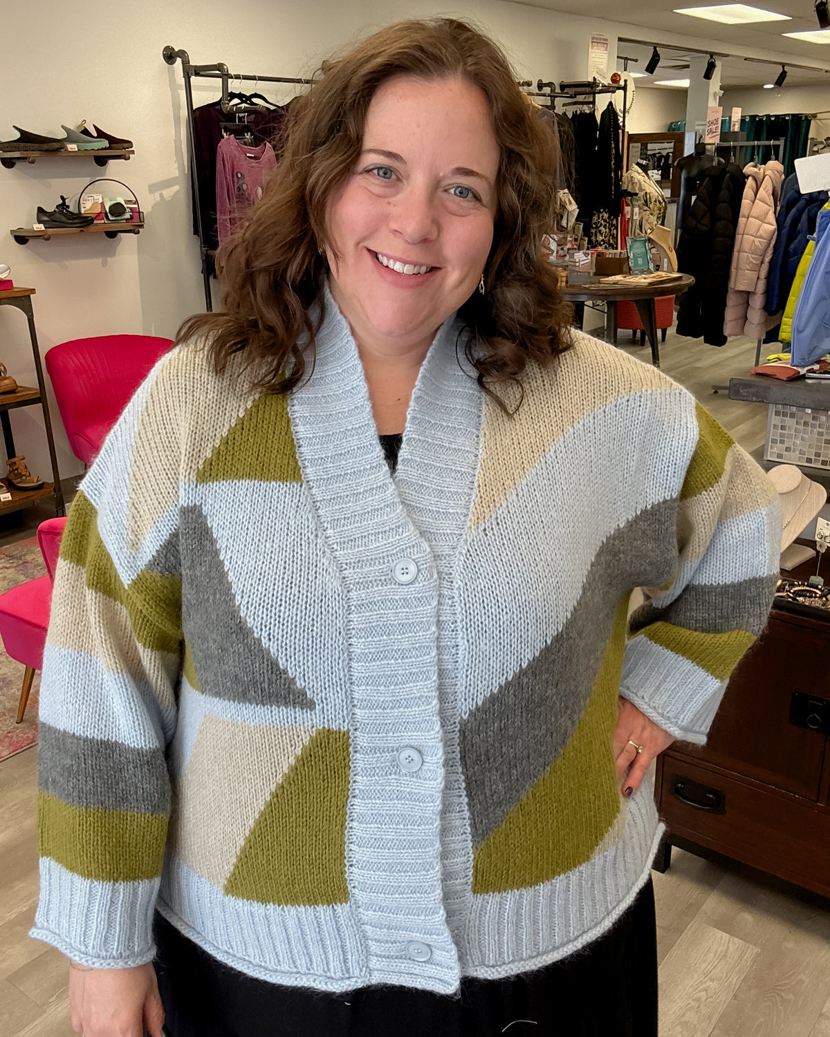 Geometric Cardigan | Pale Blue/Forrest Green