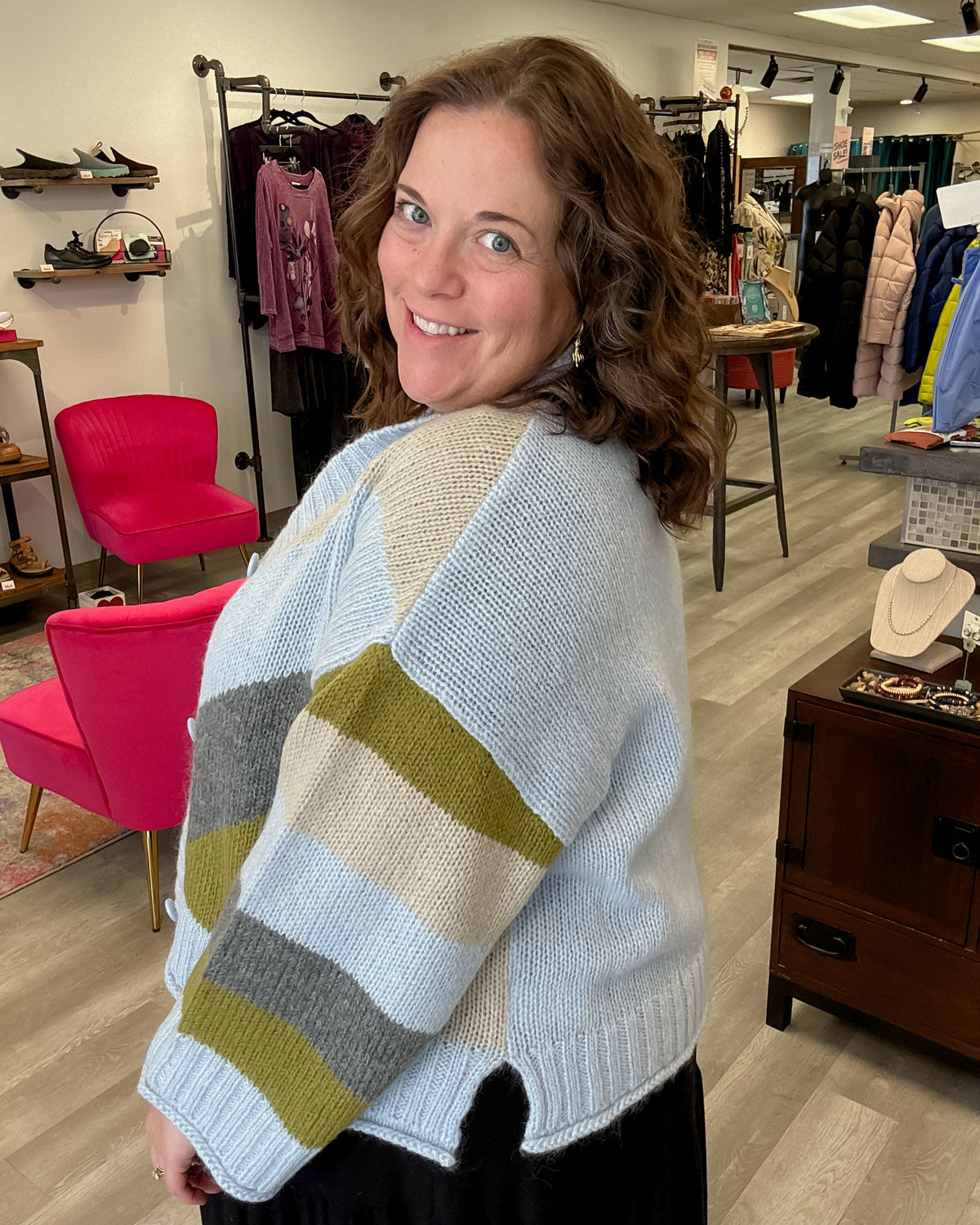 Geometric Cardigan | Pale Blue/Forrest Green