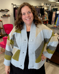 Geometric Cardigan | Pale Blue/Forrest Green