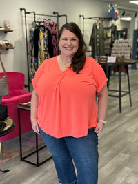 V-Neck Pleated Top | Neon Coral