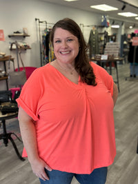 V-Neck Pleated Top | Neon Coral