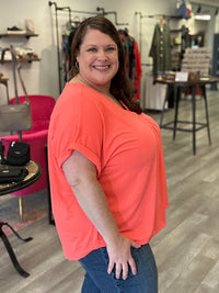 V-Neck Pleated Top | Neon Coral