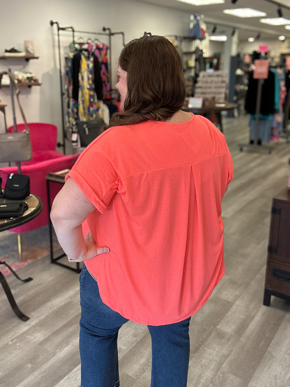 V-Neck Pleated Top | Neon Coral