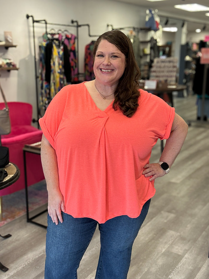 V-Neck Pleated Top | Neon Coral