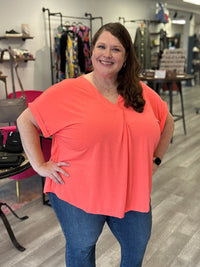 V-Neck Pleated Top | Neon Coral