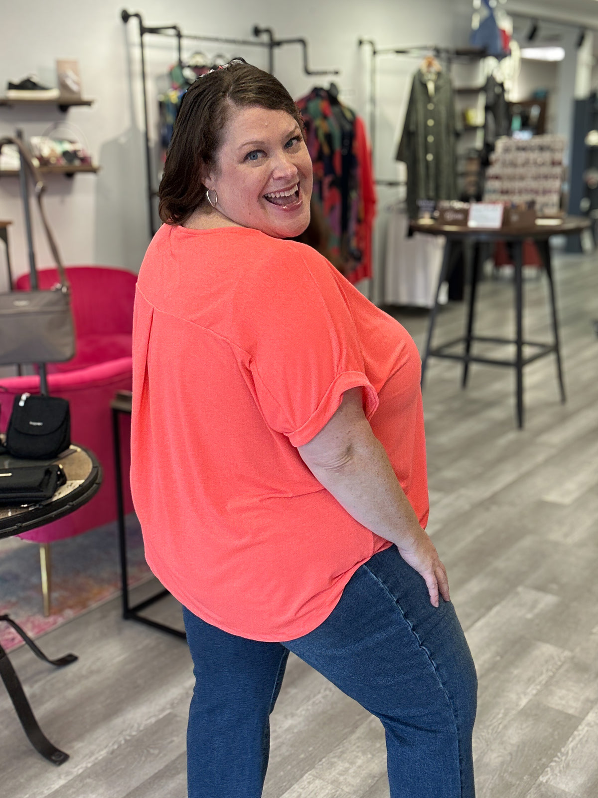 V-Neck Pleated Top | Neon Coral