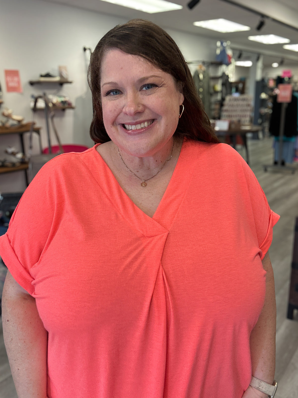 V-Neck Pleated Top | Neon Coral