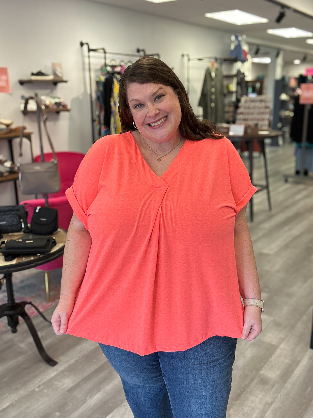 V-Neck Pleated Top | Neon Coral