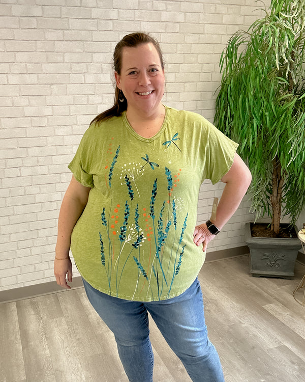 Green cotton t-shirt with floral and dragonfly print