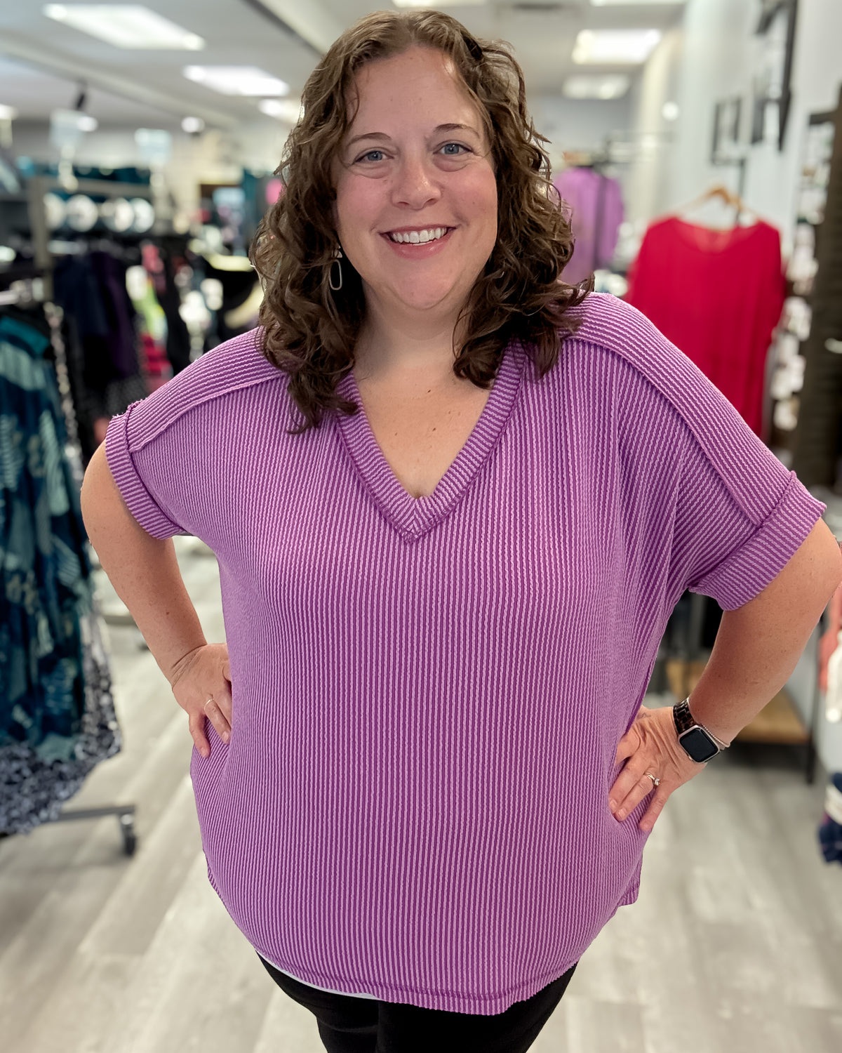 Urban Ribbed Hi-Low V-Neck Top | Light Plum
