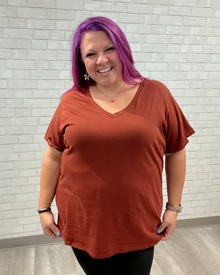 V-Neck Boyfriend Tee | Dark Rust