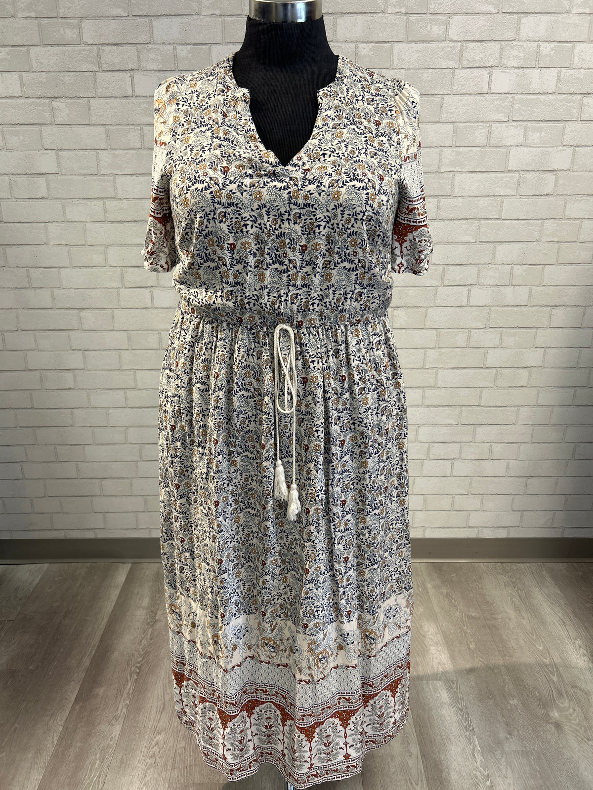 Cream/Rust/Navy/Gold Printed Maxi Dress - Bloomchic