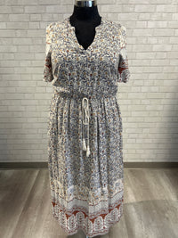 Cream/Rust/Navy/Gold Printed Maxi Dress - Bloomchic