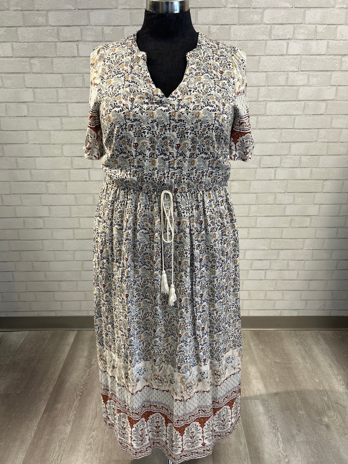 Cream/Rust/Navy/Gold Printed Maxi Dress - Bloomchic