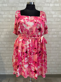 Hot Pink Floral Tie Waist Dress - Lane Bryant