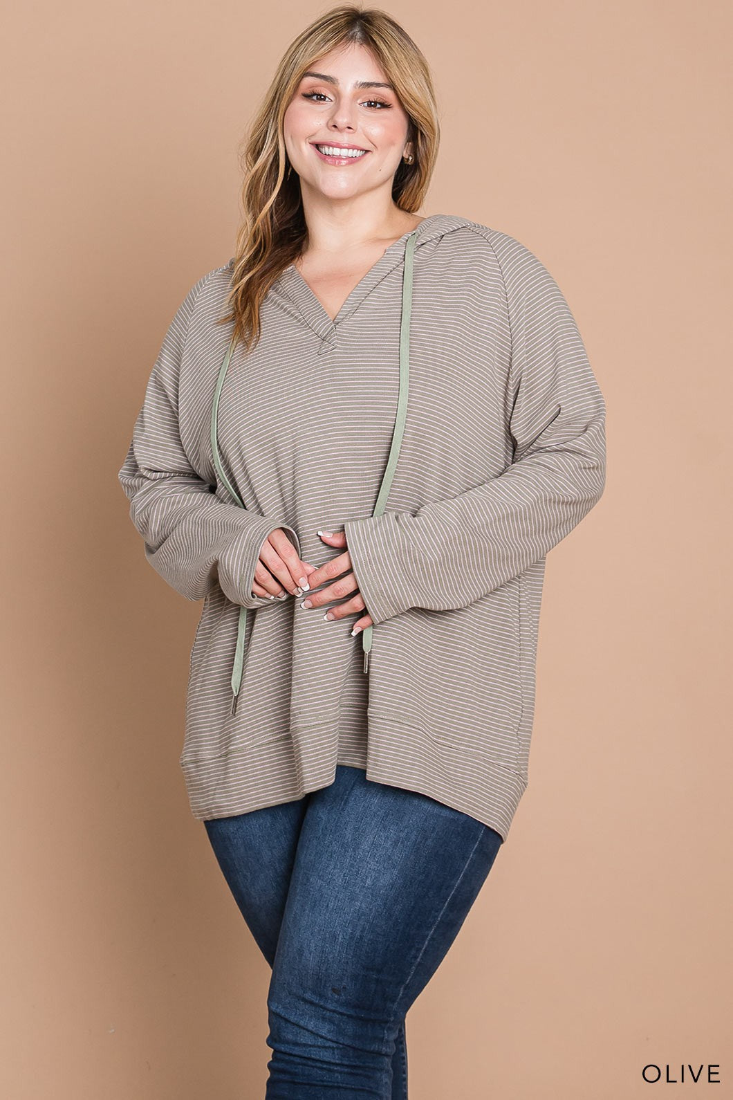 French Terry Striped Hoodie Top | Olive