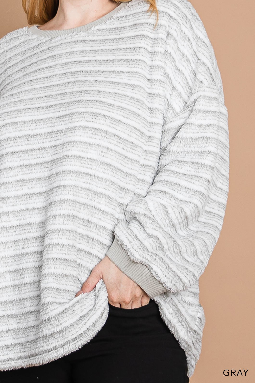 Striped Faux Fur Casual Pullover | Gray Stripe