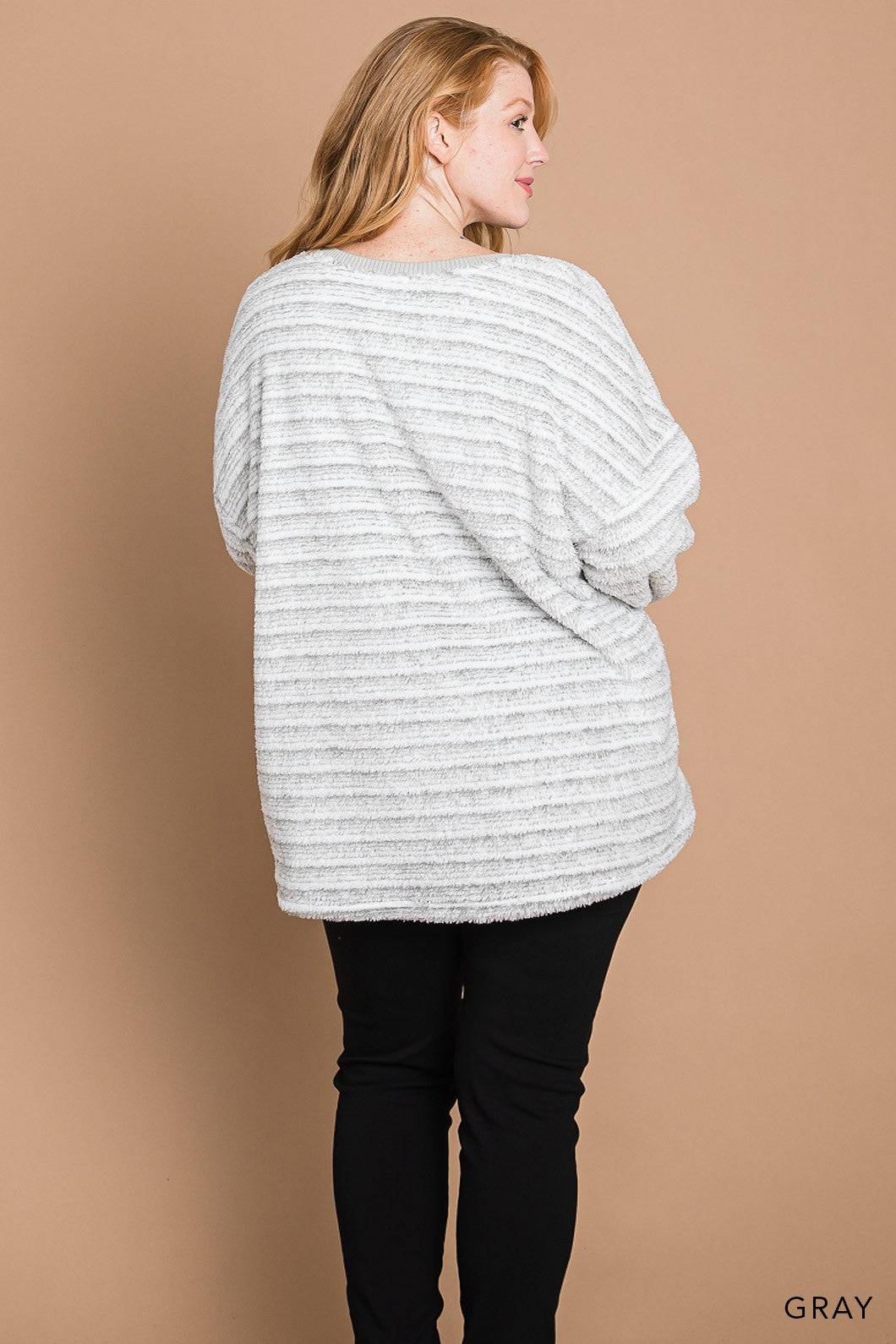 Striped Faux Fur Casual Pullover | Gray Stripe