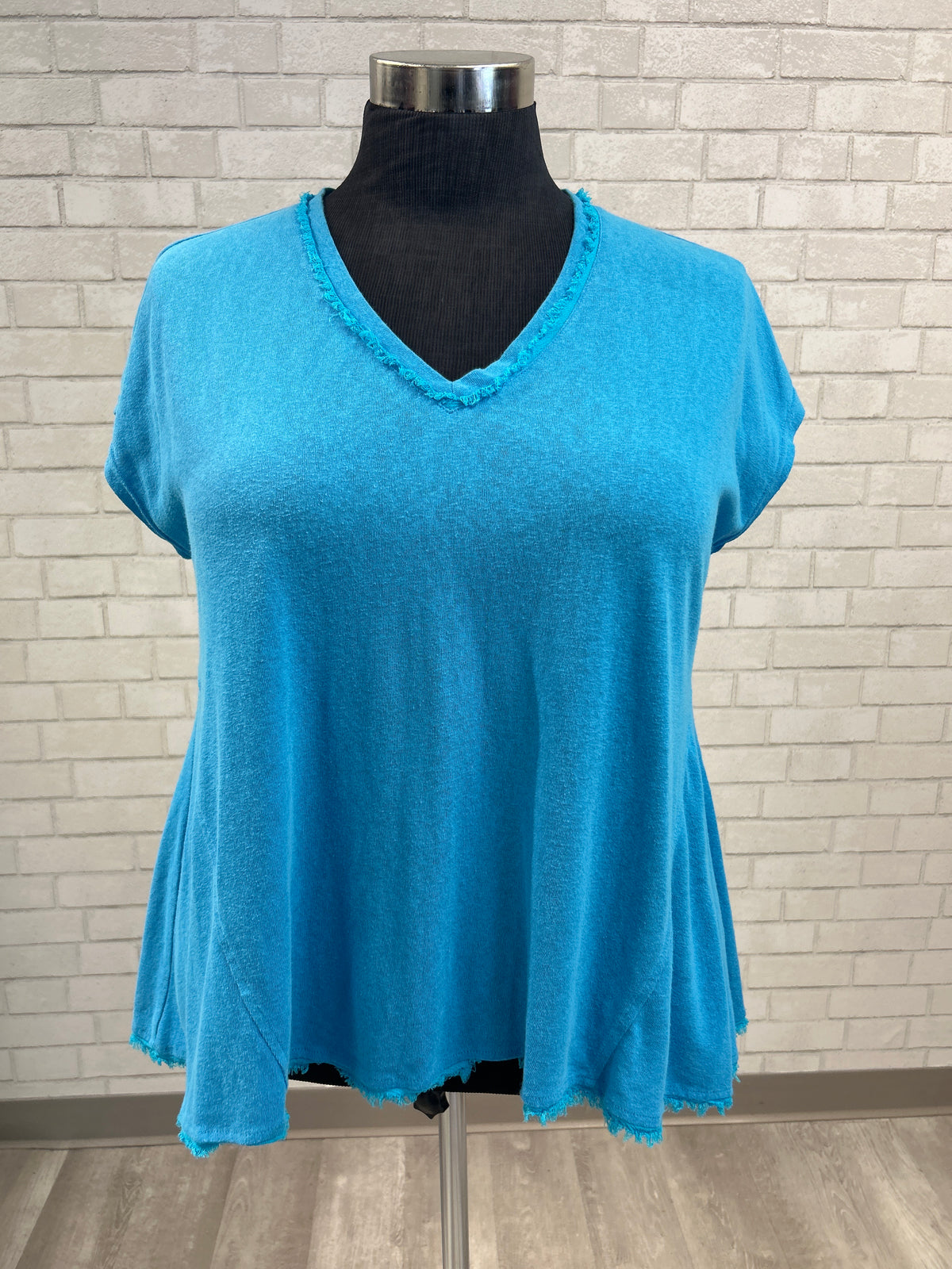 Teal Frayed Hem V-Neck