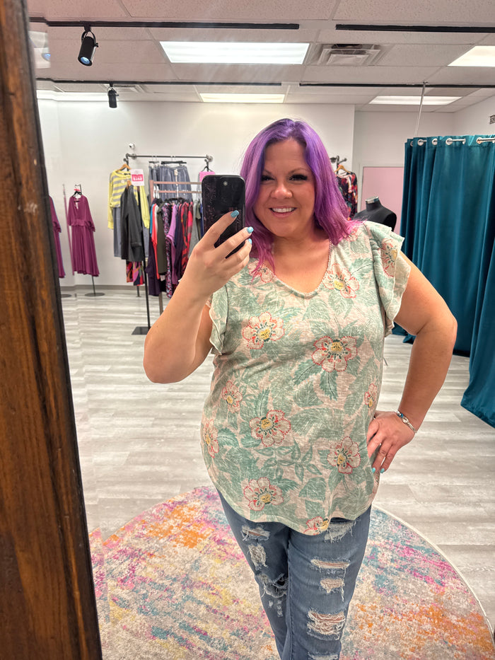 Green Print Flutter Sleeve Top - Chenault