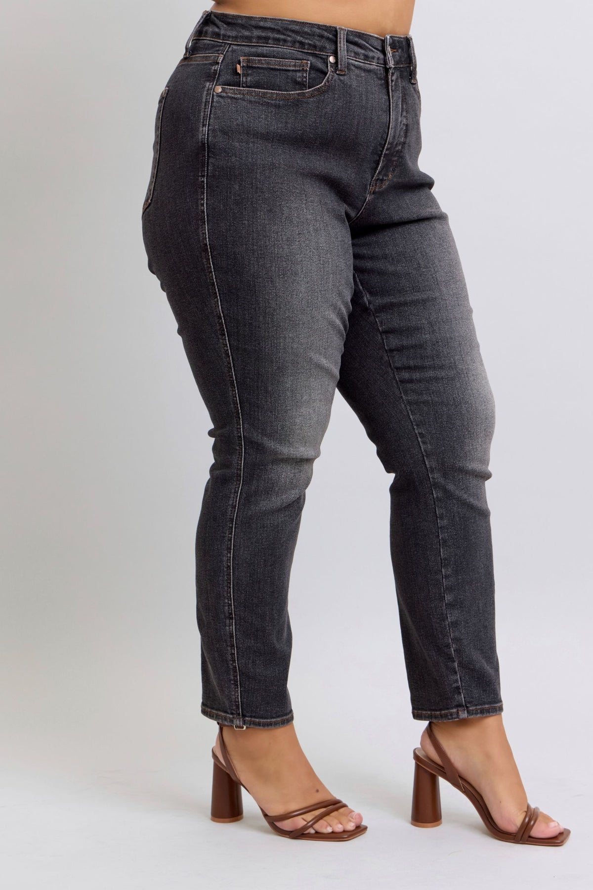 Mid Rise Tummy Control Slim Jeans | Washed Black