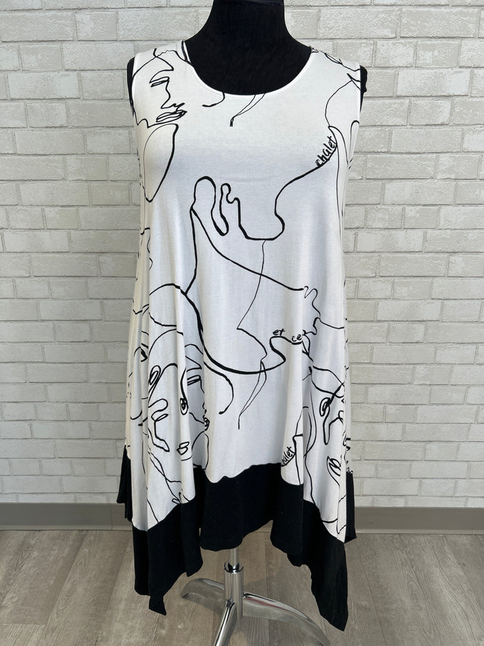 White Sketch Print Sleeveless Dress - Chalet