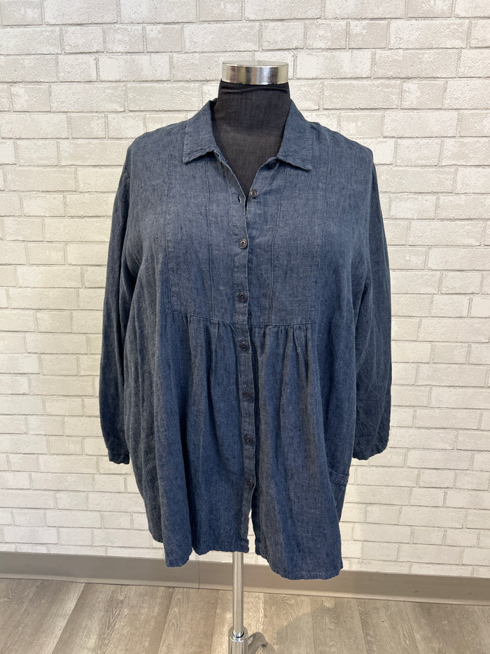 Blue Linen Button Front Top - Flax