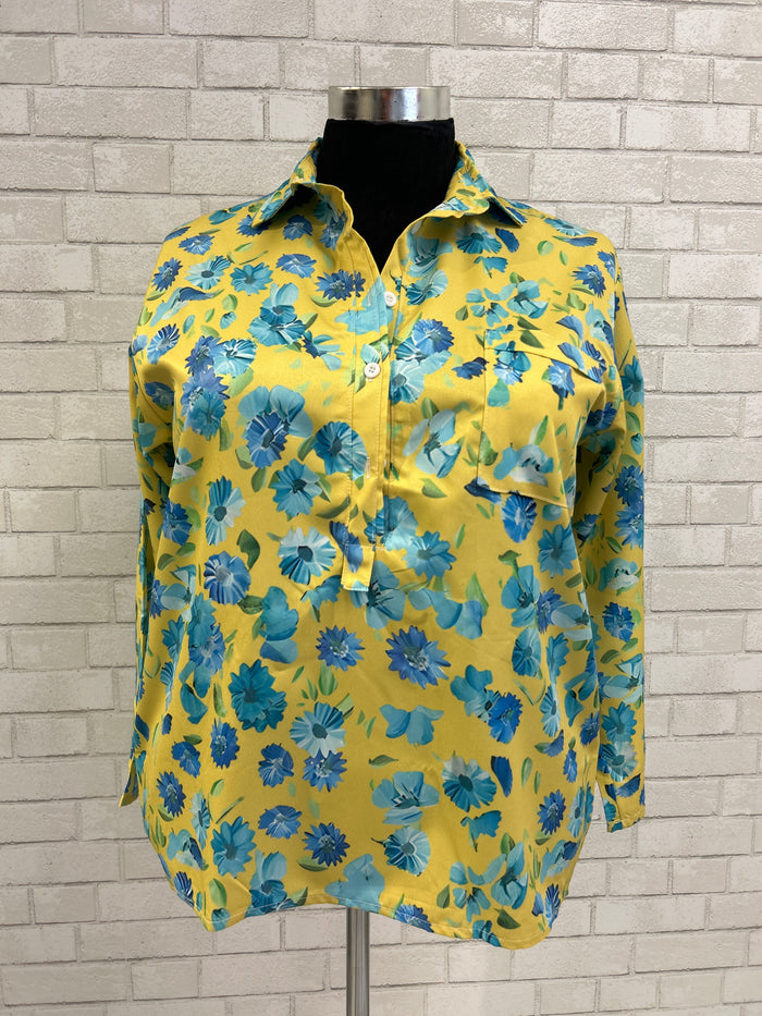 Yellow Floral 1/2 Button Blouse