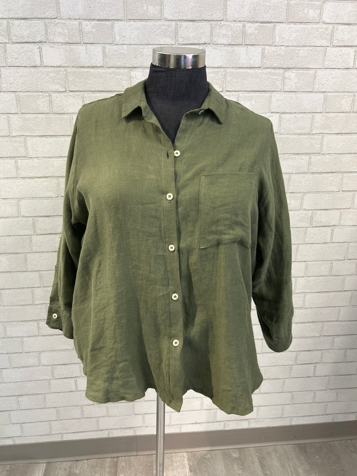 Army Green Linen Button Up - Sotela
