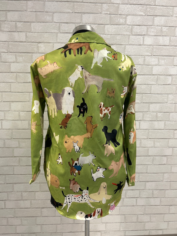Green Dog Print 1/2 Button Blouse