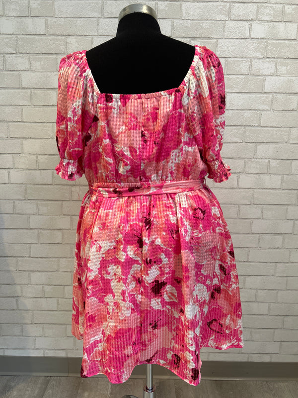 Hot Pink Floral Tie Waist Dress - Lane Bryant