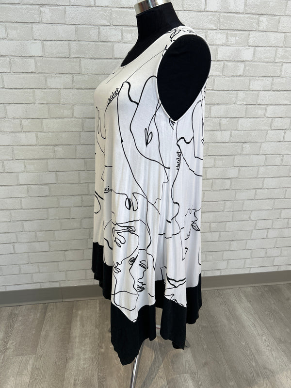 White Sketch Print Sleeveless Dress - Chalet