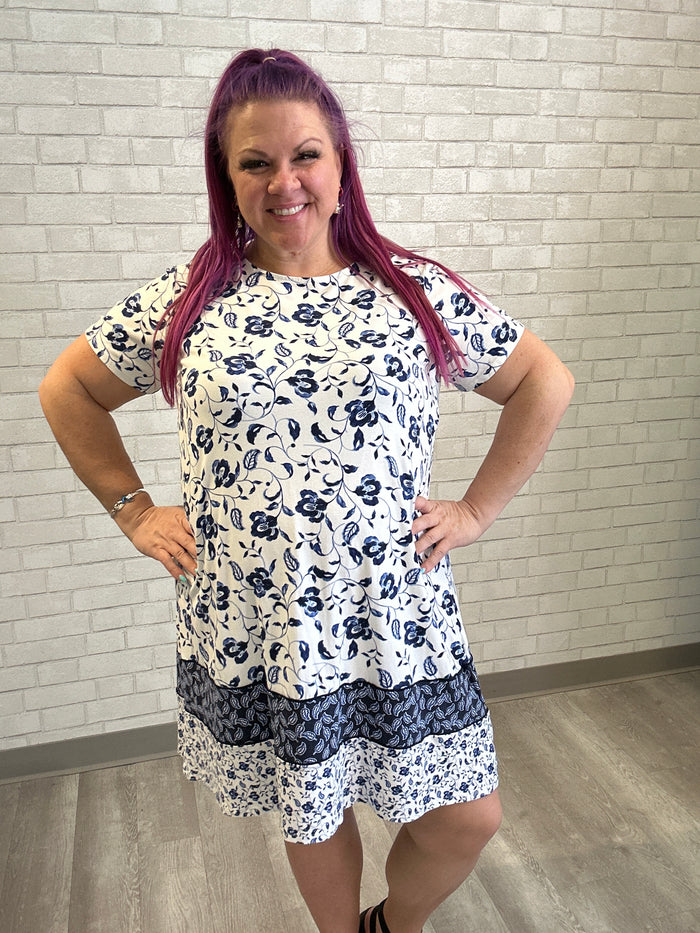 White/Navy Floral Short Sleeve Dress - J.Jill