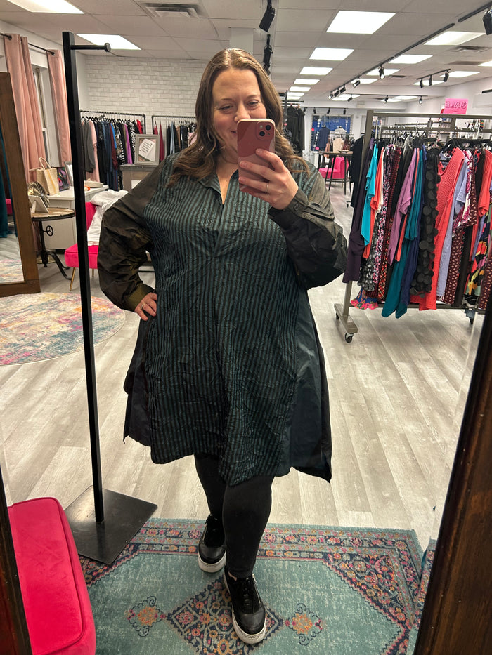 Teal Mix Stripe Crinkle Collared Dress - Alembika