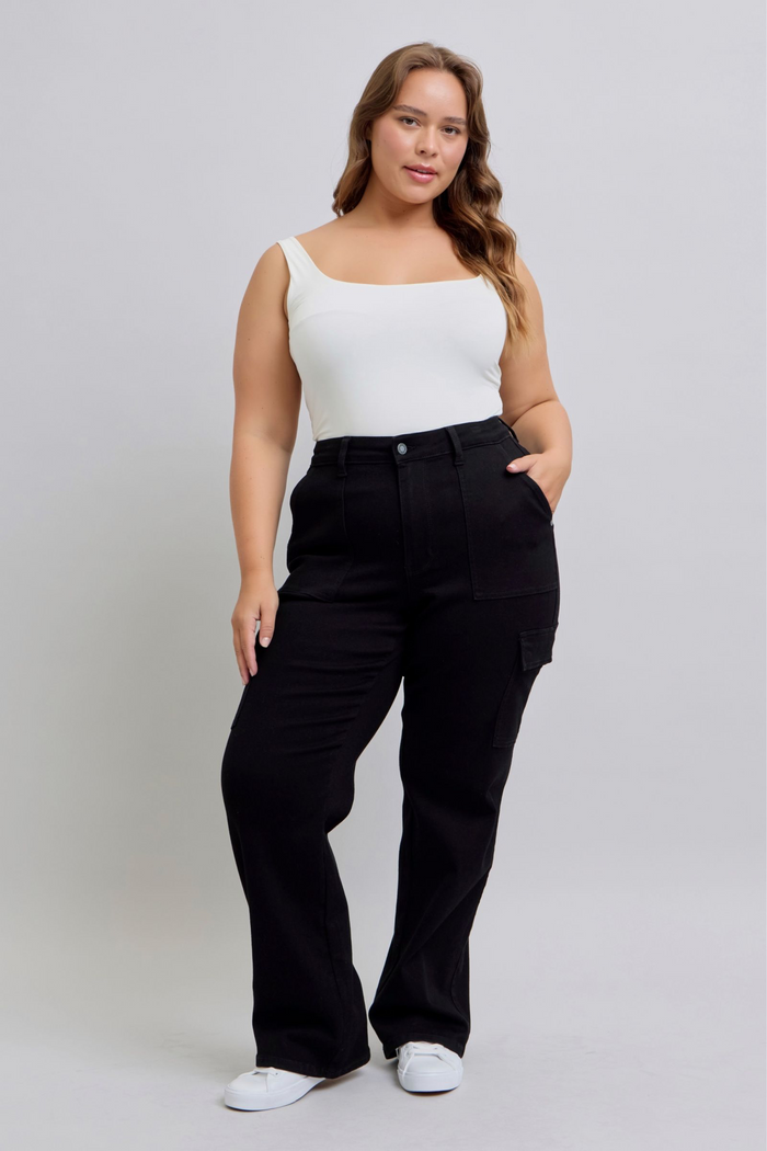 High Waist Cargo Wide Leg Jeans | Black