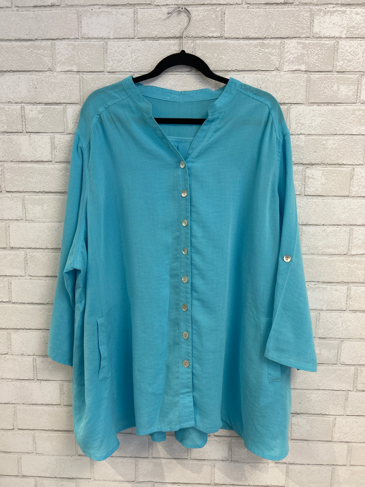 Turquoise Wrinkle Resistant Linen Top - Fridaze