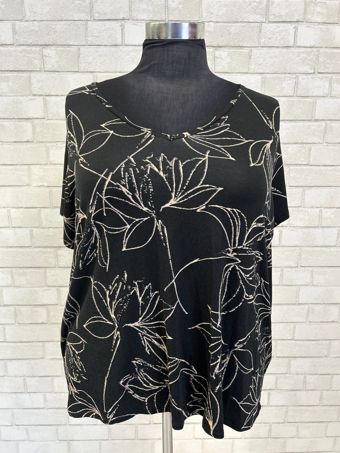 Black Leaf Print V-Neck Top - Calvin Klein