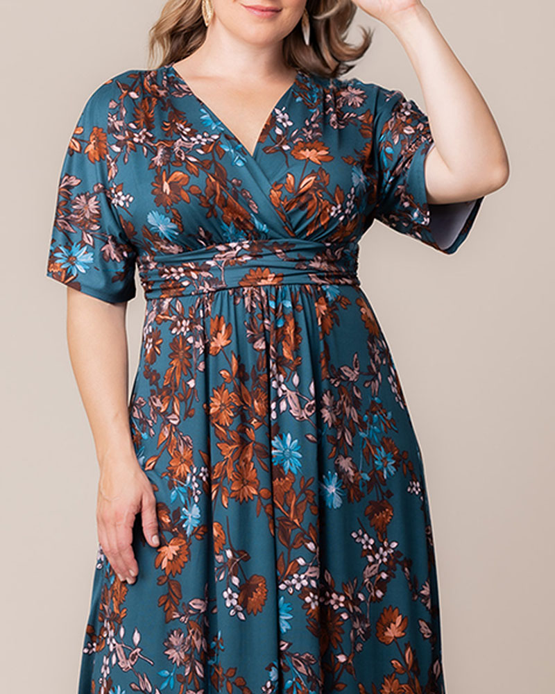 Vienna Kimono Sleeve Maxi Dress | Teal Blue Asters