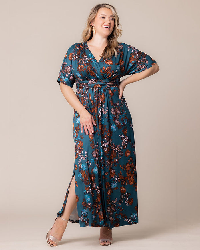 Vienna Kimono Sleeve Maxi Dress | Teal Blue Asters