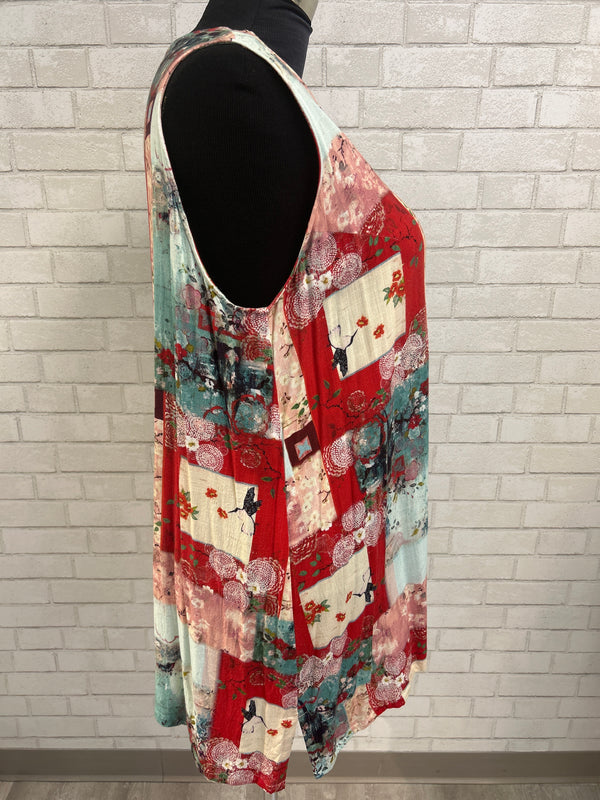 Asian Inspired Printed Linen Blend Tank - Blue Sky