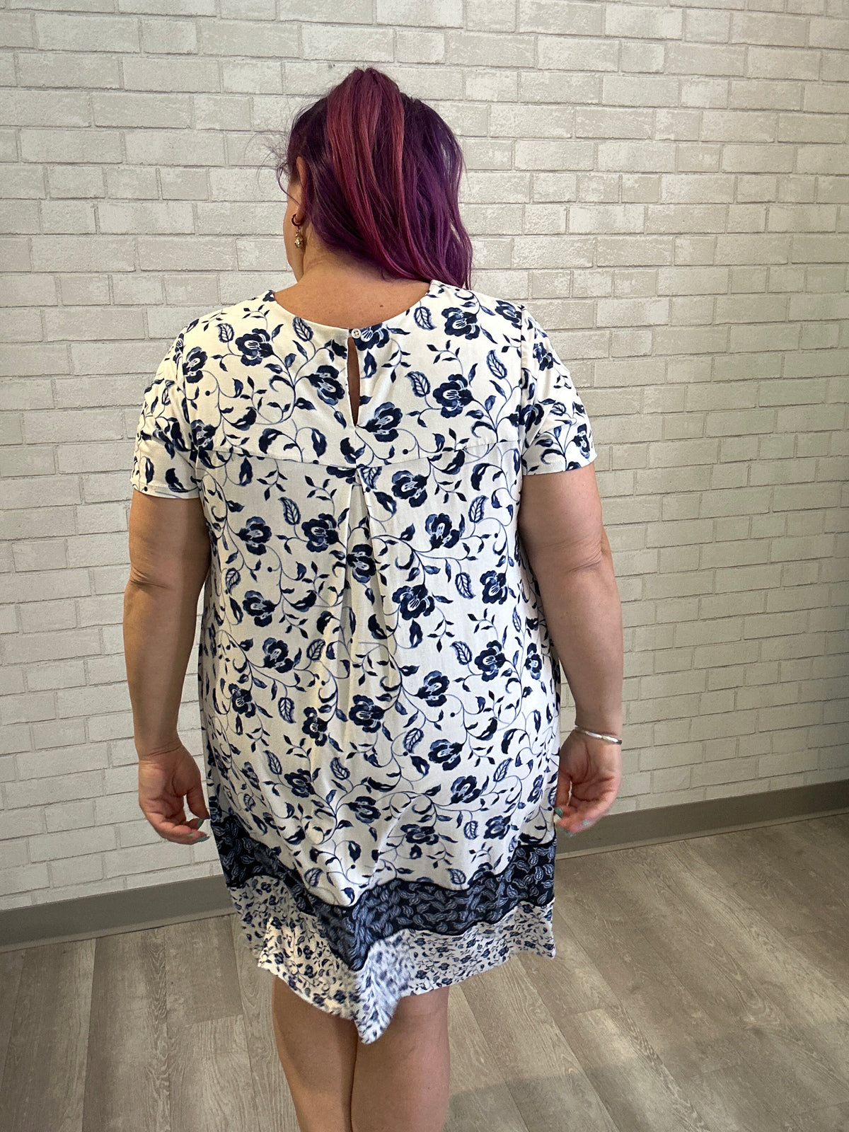 White/Navy Floral Short Sleeve Dress - J.Jill