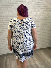 White/Navy Floral Short Sleeve Dress - J.Jill